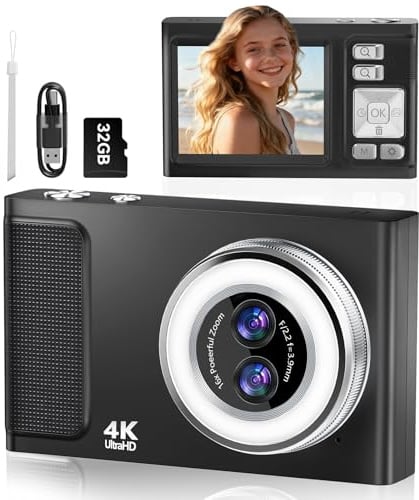 Digitalkamera, JDZ 4K Kamera Fotokamera 16X, Digitalkameras 1080P, Kompaktkamera mit 32 GB TF-Karte, Camera Digital, Foto Kamera für Kinder Teenager-Geburtstag, Weihnachten (Schwarz)
