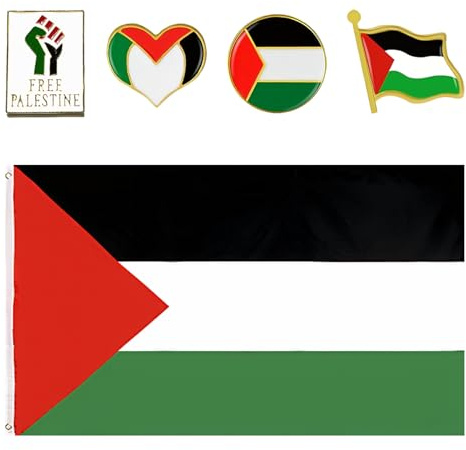 Flagge Palästina 150 x 90 cm mit 4 Stück Palestine Flaggenabzeichen,Flaggen Palästinensische mit Ösen,für nationale Party Festival Feier Home Indoor Outdoor Deko