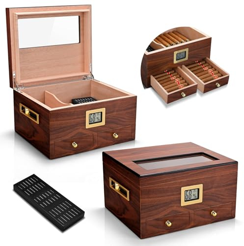 CLZOONG Cave à cigares Haut de Gamme en Bois de cèdre avec humidificateur et hygromètre, Double Compartiment de Rangement, boîte à cigares avec Couvercle en Verre pour Hommes, avec 2 tiroirs (Brown)