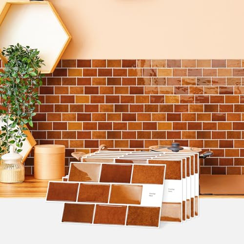 indabyo 10 Sheets Marble Effect Tile Stickers Stick on Tiles Backsplash | Kitchen Bathroom Wall Self Adhesive Vinyl Waterproof Peel and Stick Tile Covers Decals (Brick Red)