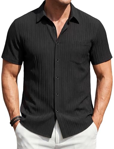 Enlision Mens Short Sleeve Shirts Pleated Button Down for Casual Summer | Anti-wrinkle Lightweight Breathable Easy Care Soft Textured Plain Smart Regular Fit Beach Vacation Holiday Wedding Travel