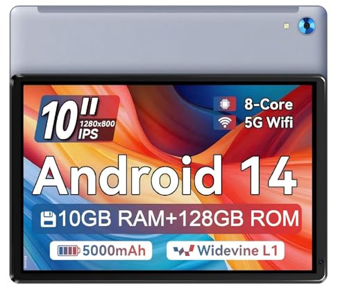 Ainmel Tablet 10 Zoll, Android Tablet, Octa-Core, 10GB RAM 128GB ROM 1TB TF, 1280x800 IPS, 5G WiFi 6, Bluetooth 5.0, 5000mAh, 5MP+8MP, Widevine L1 Game Tablet PC Pad, Grau