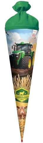 ROTH Schultüte 70 cm groß mit Motiv Traktor Power – runde Zuckertüte zur Einschulung mit Filzverschluss und Stabiler Rot(h)-Spitze
