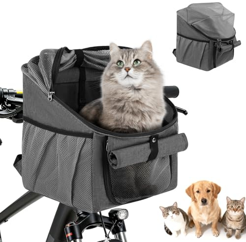 LIROPAU Hundekorb Fahrrad Vorne 7,5kg,Haustiere Faltbarer Fahrradkorb Vorne | mit Mesh Fenstern, Sicherheitsgurt und Weichem Sitzkissen für Kleine Hundekatzen Welpen