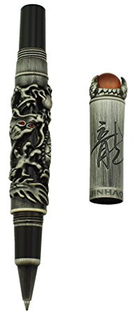 Jinhao Tintenroller mit chinesischem Drachen, grauer Tintenroller für Tagebuch, Reisetagebuch mit Stifttasche und Schmuck auf der Oberseite, schwerer Stift