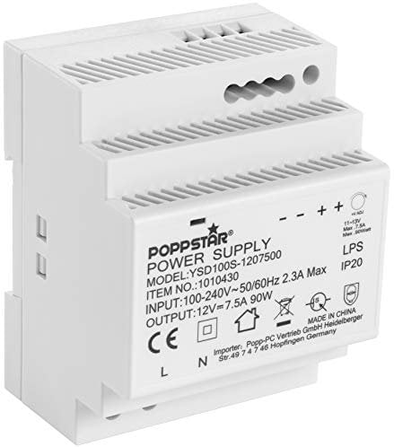 Poppstar Hutschienen-Netzteil P-100-12- 12V DC 7,5A 90 W (Input 100-240 V AC 50/60 Hz) DIN Rail Netzteil 12 V Trafo für Hutschienen 70 * 90 * 58mm