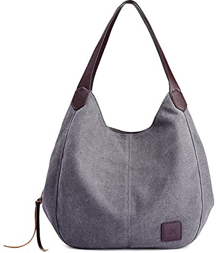 DIRRONA Mujer Lona Bolso de Mano Lona Hombro Bolso Tote Bolso Mujer Casual Bolso Viaje Ligero Capacidad Tote Bolso Bolsa de Playa Gris