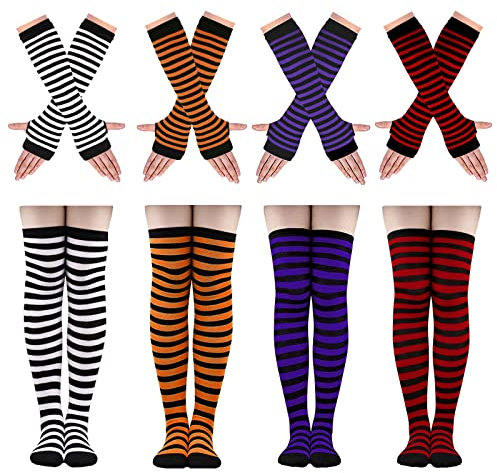 Ibeauti 8-teiliges Damen-Kniestrümpfe, gestreift, Y2K, Gothic-Strick, lange Armwärmer, fingerlose Handschuhe, 4-schwarz/lila/orange/rot, Medium