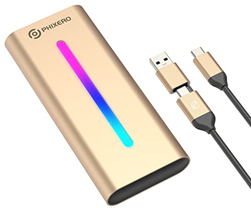 PHIXERO NVMe Gehäuse M.2 SSD Gehäuse mit RGB, USB 3.2 Gen 2 [10 Gbps], Aluminium SSD Gehäuse Unterstützt UASP/Trim, Passend für PCIe 2280/2260/2242/2230 M Key/B+M Key, bis zu 4 TB (Gold)