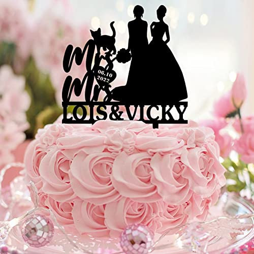 Mrs And Mrs Cake Topper Personalisierte Paarnamen Est Date mit Hund Katze Romance 2 Bräute Tortenaufsatz Silhouette Zwei Frauen Hochzeit Verlobung Party Dekor Lesben Paar Geschenke Acryl Schwarz