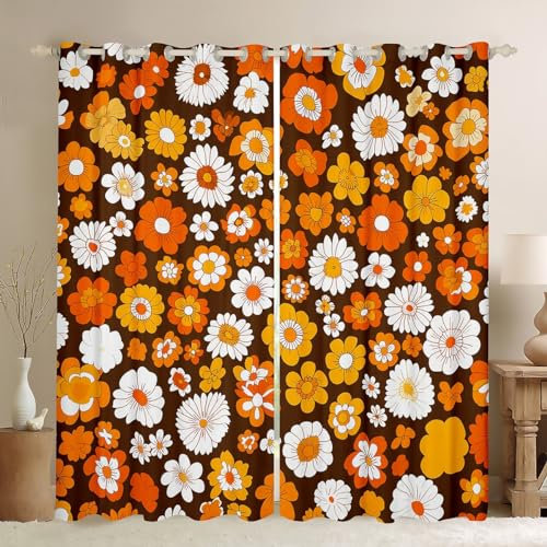 60er 70er Jahre groovige Vorhänge für Schlafzimmer, Retro, Hippie, Blume, 30 % - 50 % Verdunkelungsvorhänge, Vintage, Boho, Pflanze, verdunkelnd, Dreapes, botanische Blüte, Braun, Fensterbehandlungen