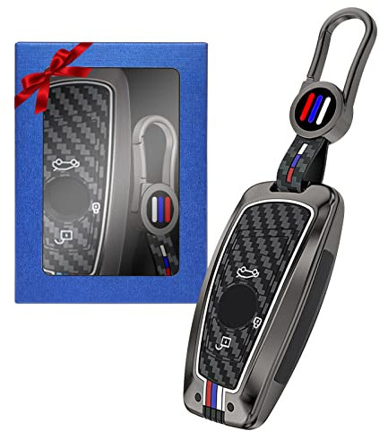 Yumzeco Alliage de Zinc Fibre de Carbone Coque de Clé Voiture Compatible avec 3 4 5 6 7 Series X3 X4 Protection Couverture Télécommande Voiture Clé Housse en Silicone TPU avec Porte-clés Gris