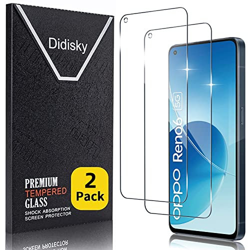 Didisky 2-Unidades Cristal Templado Protector de Pantalla para OPPO Reno 6 5G (No para Reno 6 Pro 6.55''), Antihuellas, Sin Burbujas, 9H Dureza, Fácil de Instalar, Transparente
