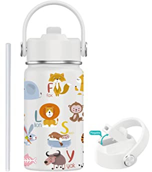 Mi Ko Mi Ka Botella de Agua para Niños de Acero Inoxidable 350ml - Botella Térmica Reutilizable | Sin BPA | Mantiene 24H Frio / 12H Calor | Termo y Hermética - Doble Pared a Prueba de Fugas (Animales)