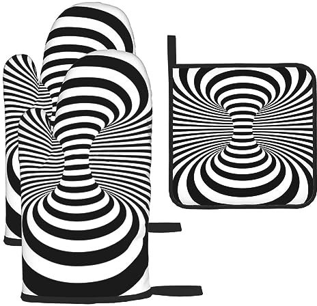 Ofenhandschuhe und Topflappen, gestreift, Vortex-Druck, hitzebeständig, waschbar, für Küche, Kochen, Grillen, 3 Stück