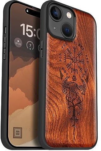 Carveit Holz Cover für iPhone 15 hülle, Kompatibel mit Magsafe Silikon Stoßfeste Cover, Magnetisch Hull für Apple 15 Case(Rosig-Wikingerkompass Vegvisir).