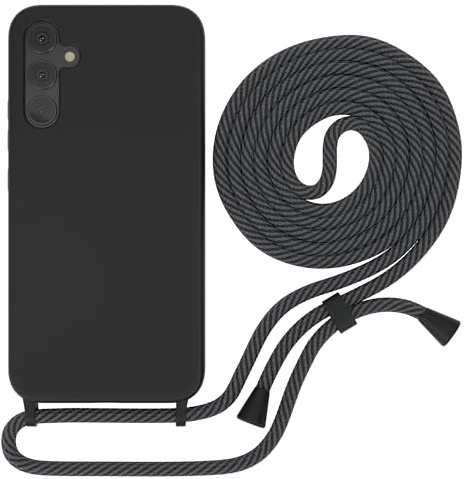 EAZY CASE - Premium Silikon Handykette - kompatibel mit Samsung Galaxy A34 Handyhülle Silikon mit Kette und Kameraschutz, weich TPU Hülle in Schwarz mit Kordel Anthrazit Clips Black