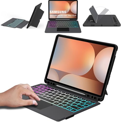 ROOFEI Galaxy Tab S9 FE+/S9+/S10+ Plus 12,4 Zoll Hülle mit Tastatur QWERTZ - Abnehmbare Tastatur mit Touchpad & 7 Farbige Beleuchtung, Auto Schlaf/Weckruf, Mehrwinkelhalterung Hülle