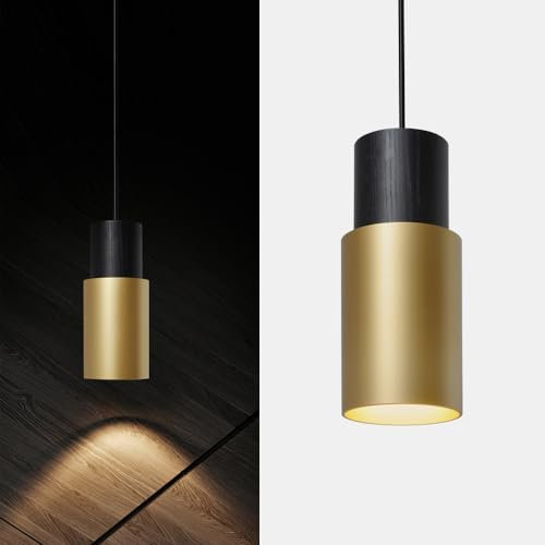 Ouglres Hängelampe Schwarz Gold,Pendelleuchte 1 Flammig Holz,Industrial Zylinder Hängeleuchte Kücheninsel,Aluminium Lampenschirm,Vintage Pendellampe e27 Für Schlafzimmer,Esszimmer,Bar,Höhenverstellbar
