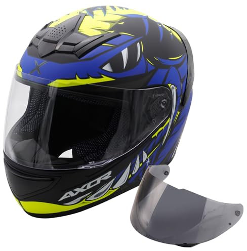 Motorcycle Full Face Crash Helmet Motorbike Scooter Free Smoked Visor Axor Rage Python Blue Yellow Black Matt (Large)