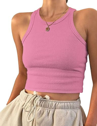 PLOKNRD Top Bauchfrei Damen Ärmellos Racerback Rundhals Tank Top Rosa M