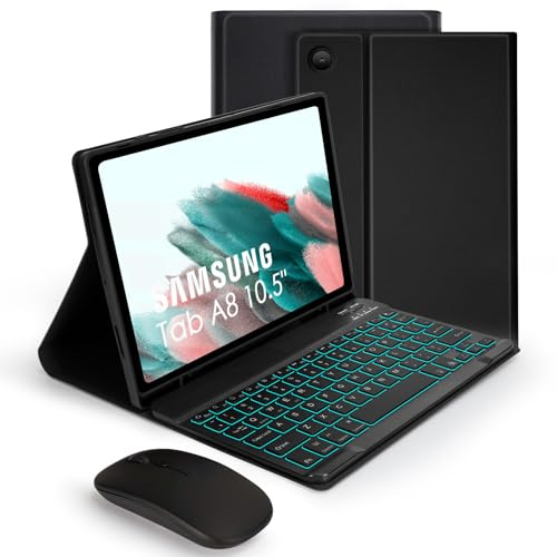 SOPPY Backlit Keyboard Case with Mouse for Samsung-Galaxy-Tab A8 10.5 inch 2022(SM-X200/X205/X207), Rechargeable - 7 Colors -Wireless Galaxy Tab A8 10.5 Slim Keyboard Case with S Pen Holder, Black