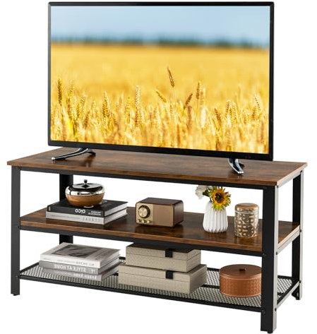 HOMASIS Mueble de TV Madera, Mesa Consola para Televisor de 50 Pulgadas, Soporte de TV Industrial con 3 estantes Abiertos, Estantería con Marco de Metal, para salón, Dormitorio, 110x42x53cm, Marrón