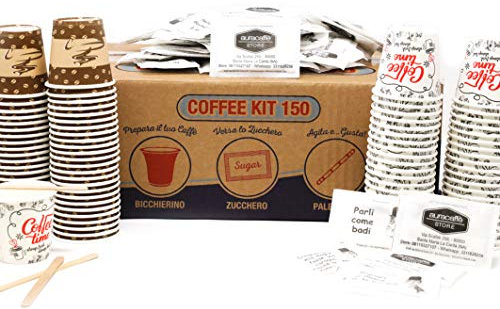 AURACAFFE' Kit Accessori Caffè – 600 Bicchierini in Carta 75ml con Grafica, 600 Palettine e 600 Bustine di Zucchero – Senza Plastica, Resistenti al Calore – Made in Italy
