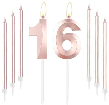 mciskin Rose Gold 16 Birthday Candles-Number 16 Candle for Cake with Long Thin Candles Set, Rose Gold Cake Topper for Girl 16th Birthday Decorations Supplies16th Wedding Anniversary Decorations