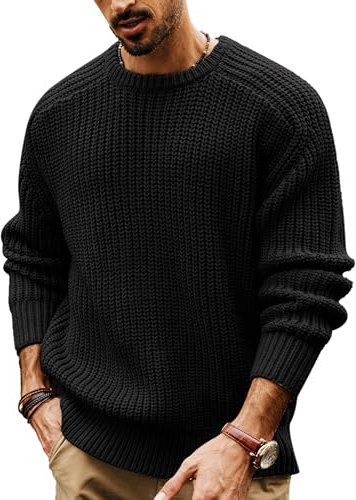 PJ PAUL JONES Men's Crewneck Jumpers Chunky Knit Jumper Long Sleeve Casual Sweater Black S
