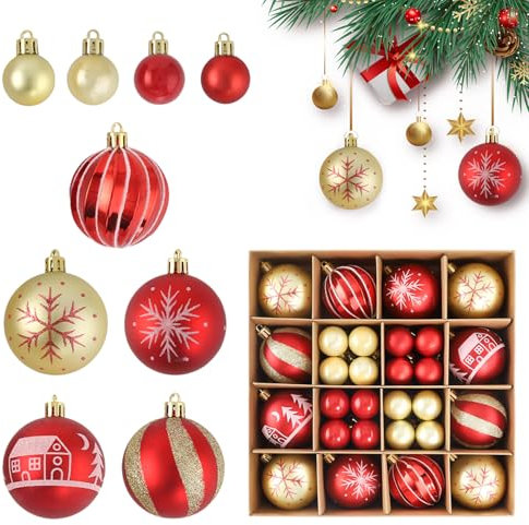 Trukafie 44 Stück Weihnachtskugeln Rot Gold, 6cm Christbaumkugeln Rot Gold Kunststoff Set, Christbaumschmuck für Drinnen und Draußen Geeignet Festival Dekore An Einem Weihnachtsbaum Hängen