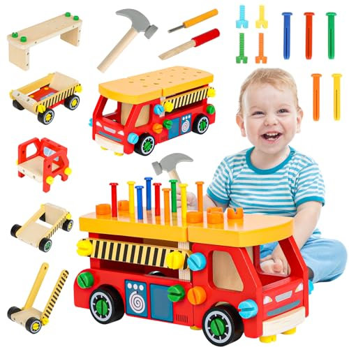Joellfuner Jouet en Bois Outil, Boite a Outil pour Enfant, Outils Enfant Jouet en Bois, Montessori Educatifs Jeux, 62 Pièces Jeux avec Boîte à Outils, Cadeau Garcon Fille 2 3 4 Ans