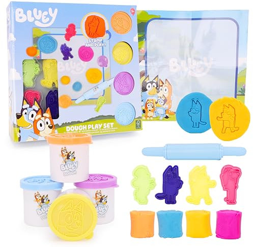 Toyland® Ensemble d'activités Bluey Dough 10 pièces - 4 pâtes, 1 Rouleau, 4 tampons et 1 écran de Jeu effaçable - Jouets d'art et d'artisanat
