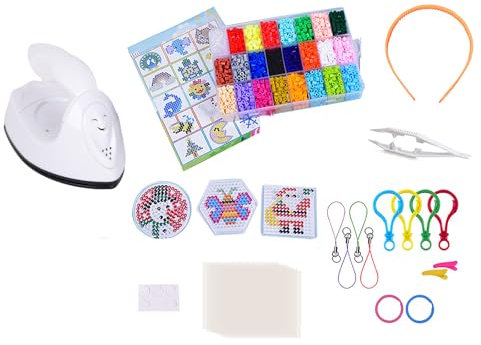 lmoikesz Mini DIY Craft Electric Iron - Portable ABS Travel Clothes Iron for Sewing, Patchwork, Heat Press Name Stickers (White, Mini+Fuse Beads Kit (24 colors))