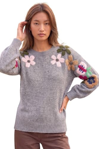 Roman Originals Women Embroidered Embellished Jumper - Ladies Round Neck Long Length Pretty Smart Casual Workwear Office Knitwear Sweatshirt Pullover
