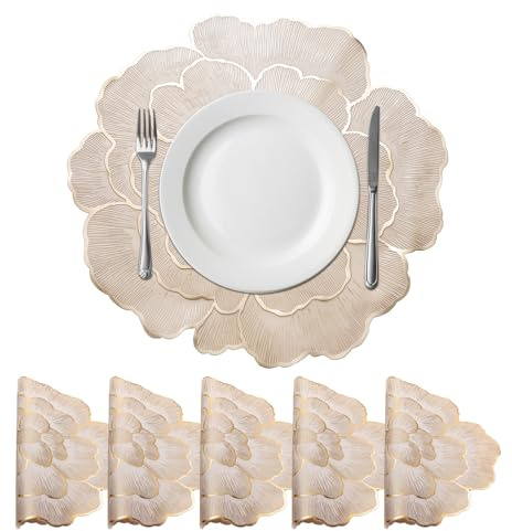 sourcing map Gold Edge White Floral Rose Round Placemats Set of 6 for Dinner Tables, Metallic Polyvinyl Pressed Placemats Washable Table Mats for Dinner Table Decor (15 x 15/38 x 38cm)