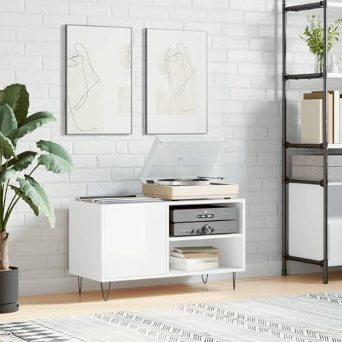 ShGaxin Mueble de Discos Madera de ingeniería Blanco Brillo 85x38x48 cm, Estanteria CD, Mueble Tocadiscos, Mueble para Discos, Mueble para Vinilos, Mueble para Tocadiscos - 831702
