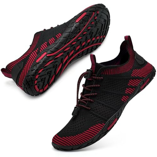 Badeschuhe Herren Damen Barfußschuhe Wasserschuhe Schwimmschuhe Strandschuhe für Surfen,Tauchen,Bootfahren,Gymnastik Fitness (V20 Schwarz Rot, 44EU)
