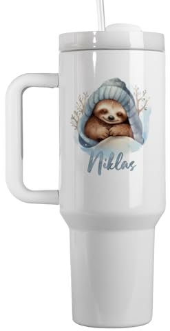 Großer Trinkbecher mit Strohhalm Personalisiert | 1200ml Thermobecher mit Deckel und Strohhalm | Trinkflasche Bedruckt mit Faultier-Motiv und Name | Geschenkidee Ostern Erwachsene | Müdigkeit