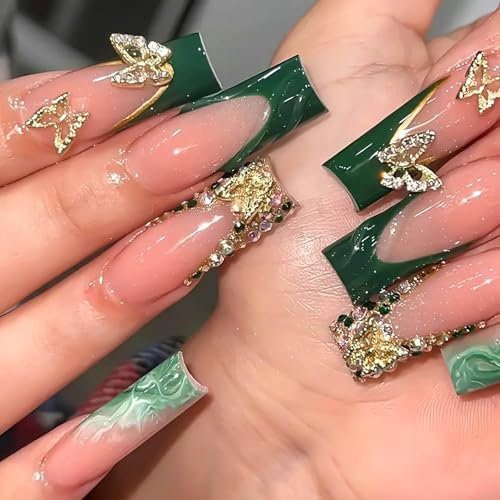 Kabwea Set di 24 chiodi Press On con colori ad acqua e farfalle dorate, Valentine press on nails set, San Valentino pressate sulle unghie