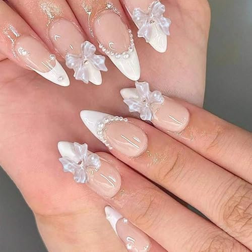 Almond False Nails - French Tips Stick on Nails - Almond Press On Nails with Pearl White Bow - Fake Nail Full Cover Acrylic False Nail Tips for Women Girls Nail Art (French White, 24PCS)
