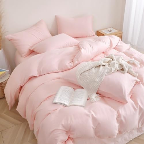 Michorinee Housse de Couette 200x200 Rose Solid Color Parure de Lit 2 Personnes en Microfibre Douce, avec 2 Taies d'oreiller 65x65 et Fermeture Éclair