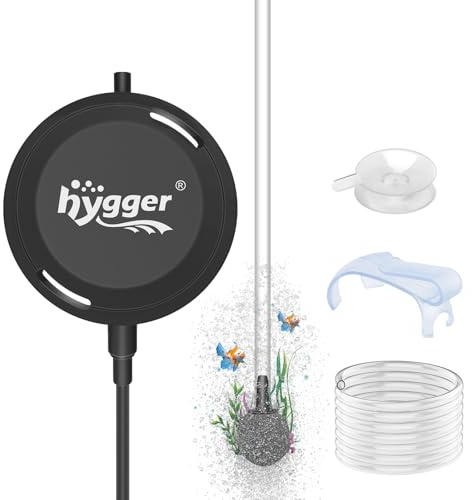 hygger Aquarium Luftpumpe, Sauerstoffpumpe Aquarium Mini 1.5W, Sehr Leise ≤33 dB, 420ml/Min, Fischtank-Luftpumpe für Aquarien bis zu 40L, mit Luftstein Saugtasche Hängender Haken Allem Zubehör
