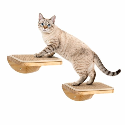PELUOMOZ 2PC Cat Wall Steps, Wooden Climbing Shelves with Sisal Mat | 2PC cat wall steps, wooden climbing shelves, sisal scratching mat, 25×23.5cm size, supports up to 15kg, ideal for indoor cats