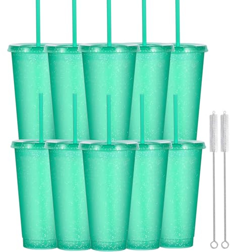 Yisituo 710ml Reusable Plastic Cups, 10 Pack Cold Cups with Lid and Straw, Tumblers Travel Mugs for Adults and Madam Party and Beach, Pool Gatherings (10, Glitter Green)