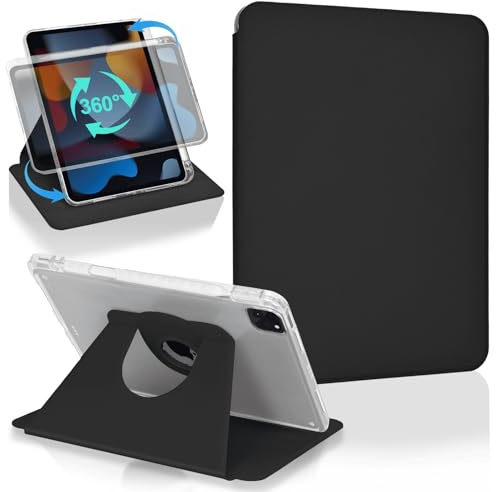 Koze Custodia Rotante per iPad Pro 11 pollici 2022/2021/2020/2018 (4a/3a/2a/1a generazione) con portapenne, Cover Girevole a 360 Gradi Supporto Retro in Acrilico Trasparente Antiurto, Nero