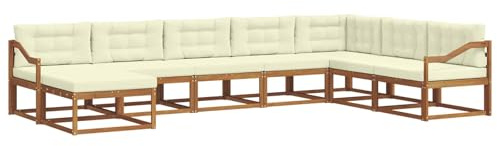vidaXL Outdoor-Sofagarnitur mit Kissen 8 pcs Natur und Creme, Akazienholz Outdoor Sofa Set, modernes Ecksofa, langlebige Gartenmöbel, Terrassensitz, Lounge für den Hinterhof, Latten-Rücken-Design
