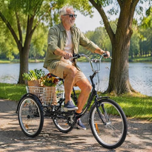 ZRLYbau Dreirad Erwachsene 24 Zoll 7 Gang Fahrrad 3 Raeder mit XL Gepaeckkorb Hinten Tiefen Einstieg Stahlrahmen Fuer Senioren Damen Herren Einkaufen Fitness Freizeit Alltag Black