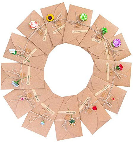 ZARRS Grußkarten,13 Multipack Blanko Retro Grußkarte mit Umschläge Handgemachtes Kraftpapier Karte für Geburtstag Weihnachten Hochzeitstag Muttertag,Blumen+Jute Twine