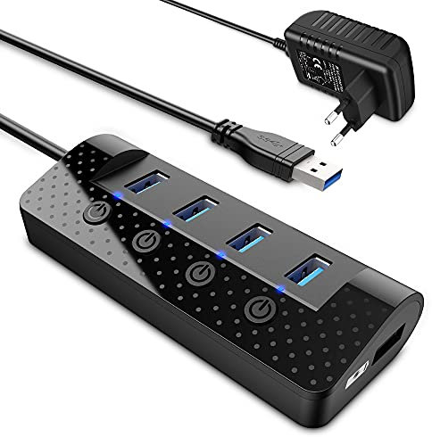 atolla USB Hub Aktiv 3.0 mit Netzteil, 4-Port USB 3.0 Hub 5Gbps Datenhub mit Einzelnen Power Schalter und 1 Intelligenter Charging Port, 15W(5V/3A) Netzteil Adapter